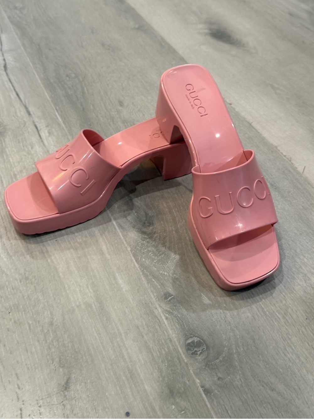 Gucci Pink Rubber Logo Platform Slide Sandals Heels Wild Rose | Size 8